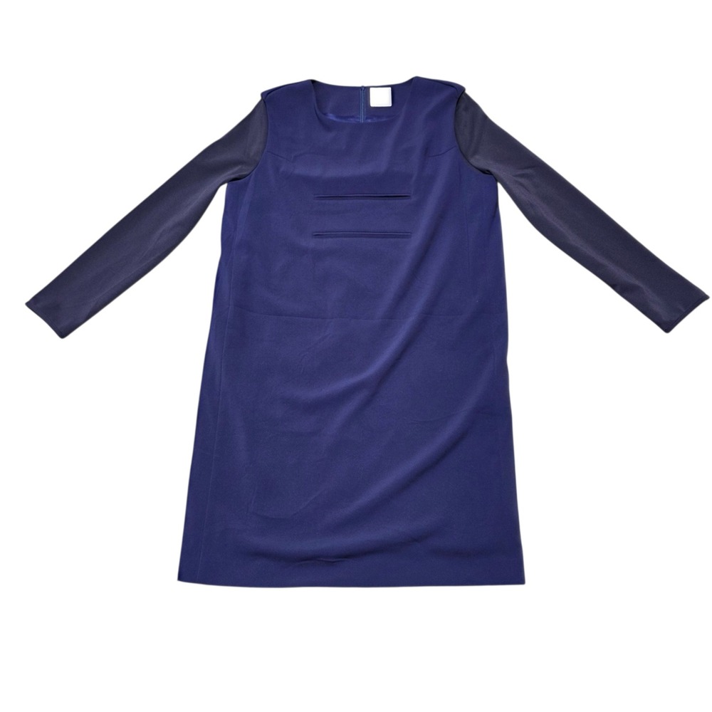 KUHO Navy Blue Long‎ Sleeve Midi Dress Panel Detail Knee Length Women's M